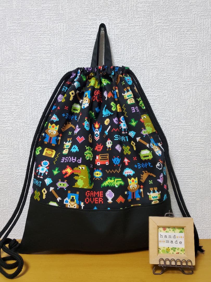 ナップサック 体操服入れ お着替え袋   黒ピクセルドット柄×ブラック