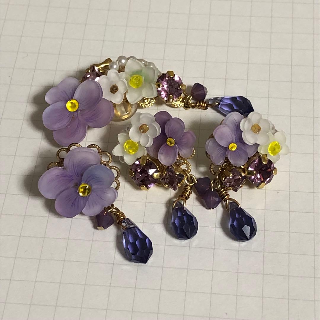 4点セット ハンドメイド アクセサリー 揺れる ピアス 花 ビジュー イヤーカフ