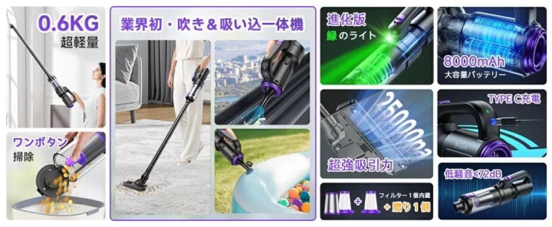 掃除機 コードレス 25000pa超強力吸引 6WAY LEDライト付　限定１個