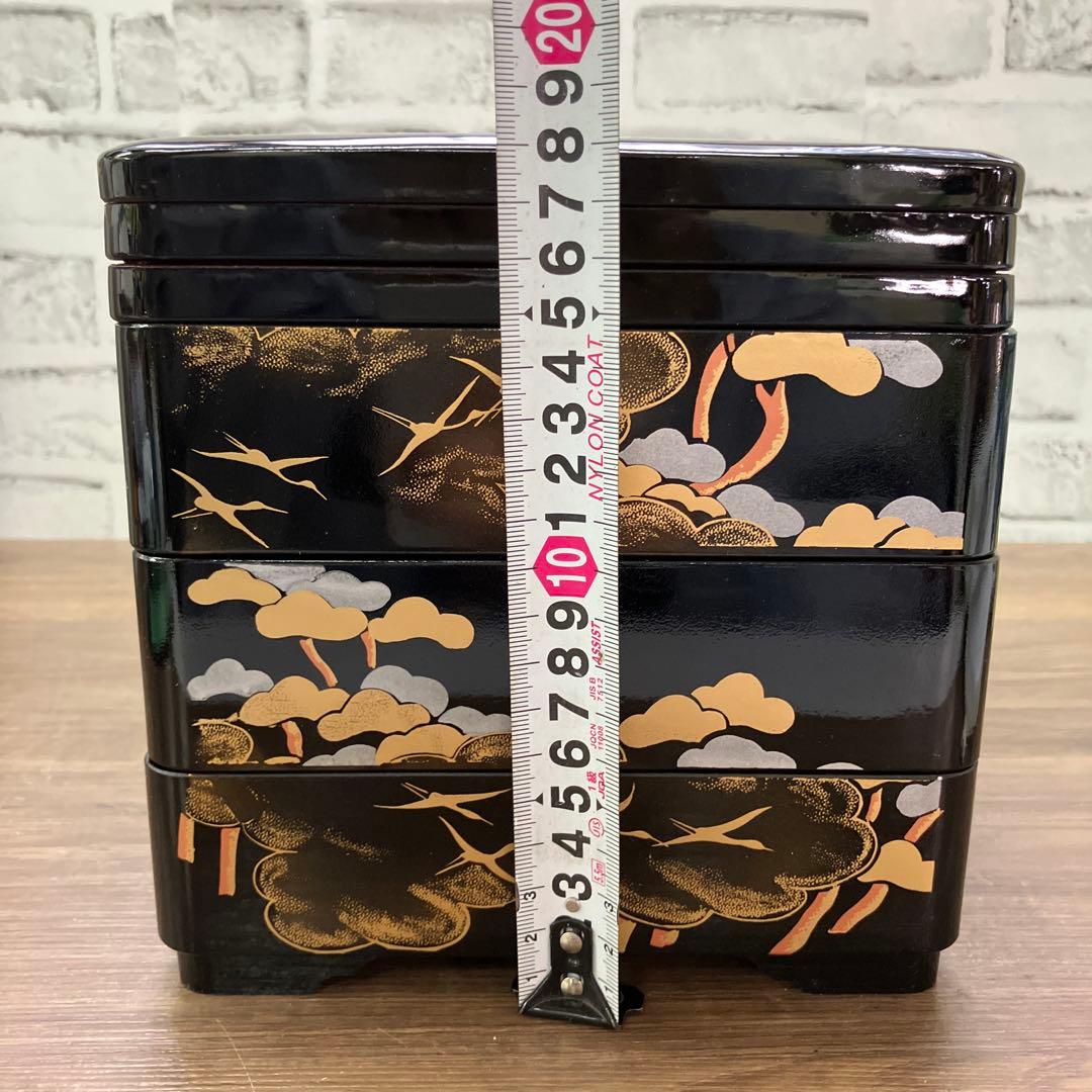 D-5 山中漆器 三段重箱 漆器 松鶴 蒔絵 昭和レトロ お正月 縁起物 お重