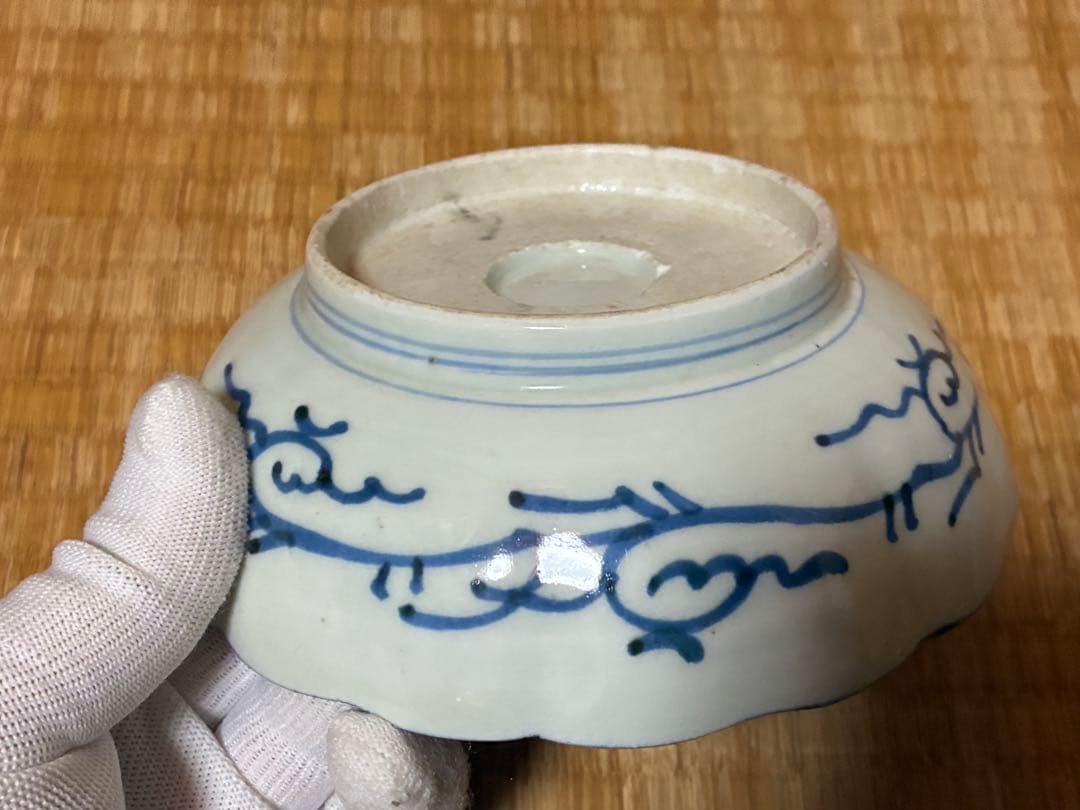古伊万里 染付 風景 鶴図 波型 中皿 五枚揃い 時代物