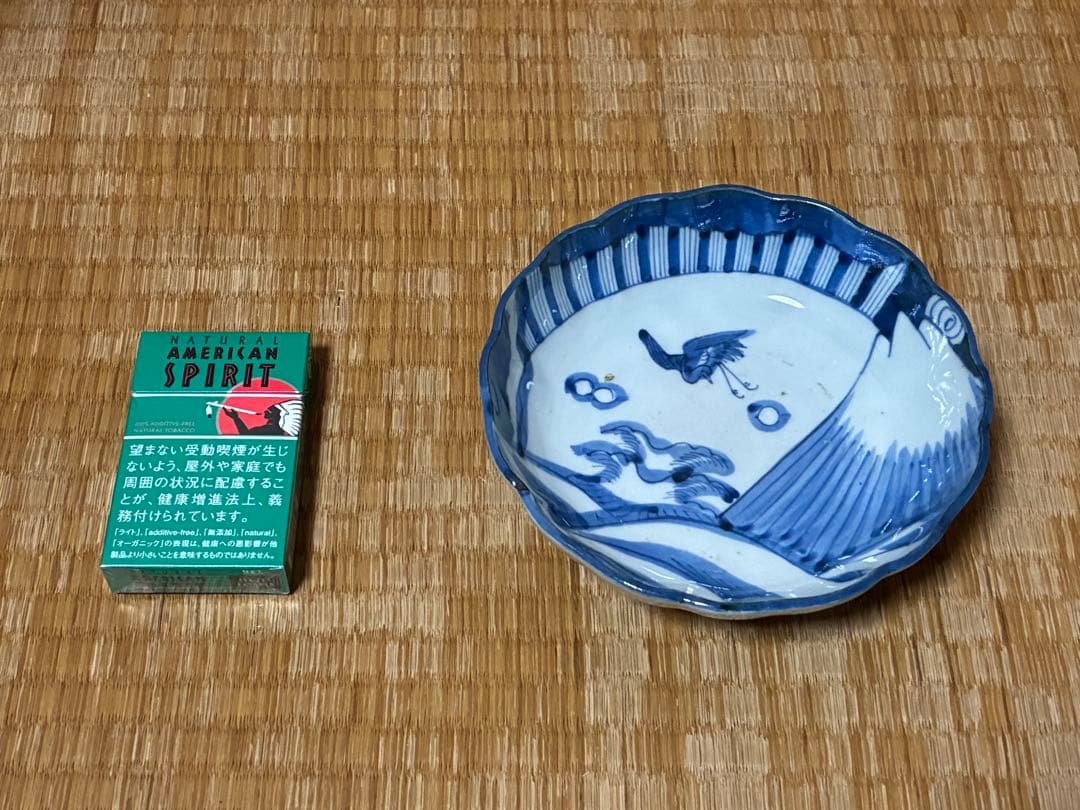 古伊万里 染付 風景 鶴図 波型 中皿 五枚揃い 時代物