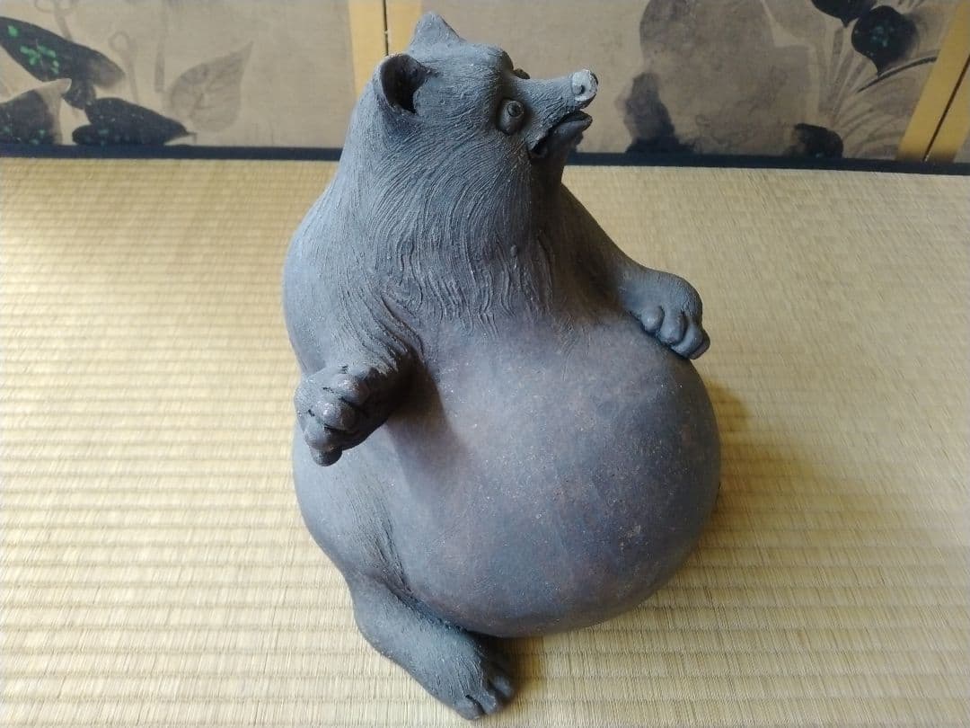 幕末明治頃　福々しさタップリな京焼タヌキ　縁起物　骨董　茶道具　置物　人形
