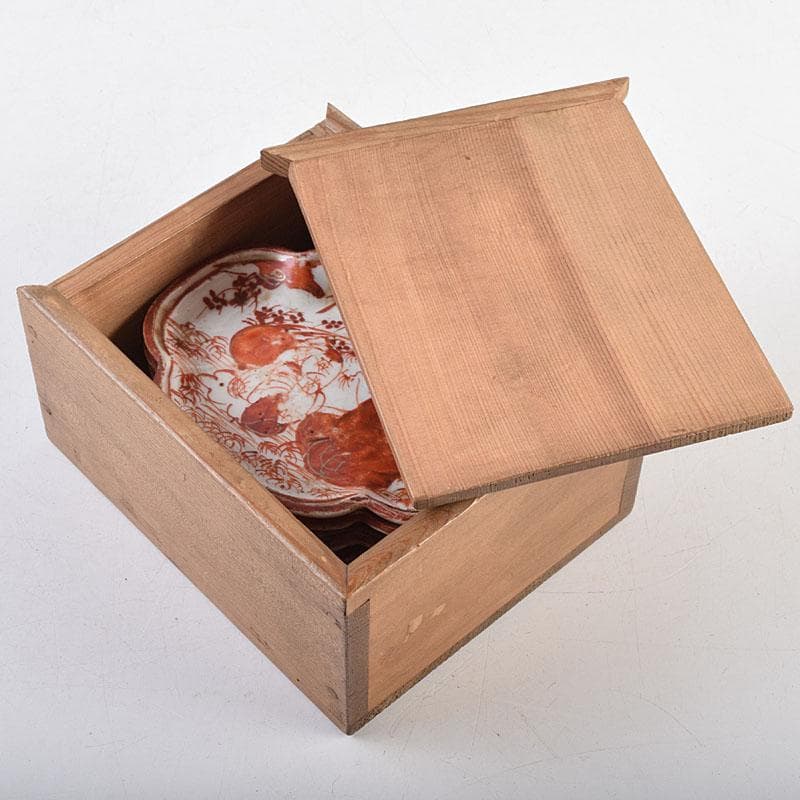 九谷焼　古九谷　赤絵人物文　木瓜形　菓子器　菓子皿　五客　時代箱　D　R9554