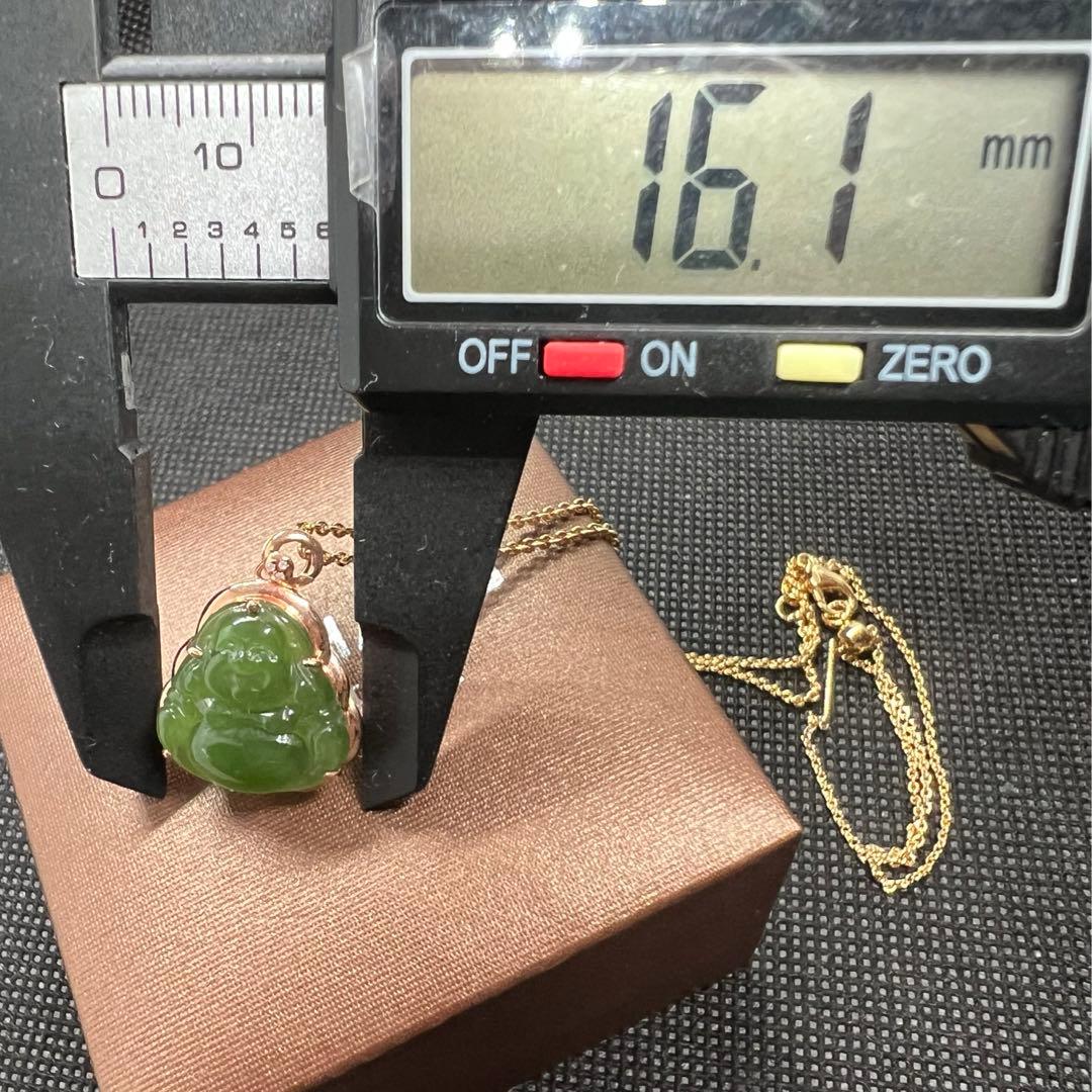 18K使用天然高品質和田玉緑翡翠の布袋彫手作りペンダントトップ ★AB852