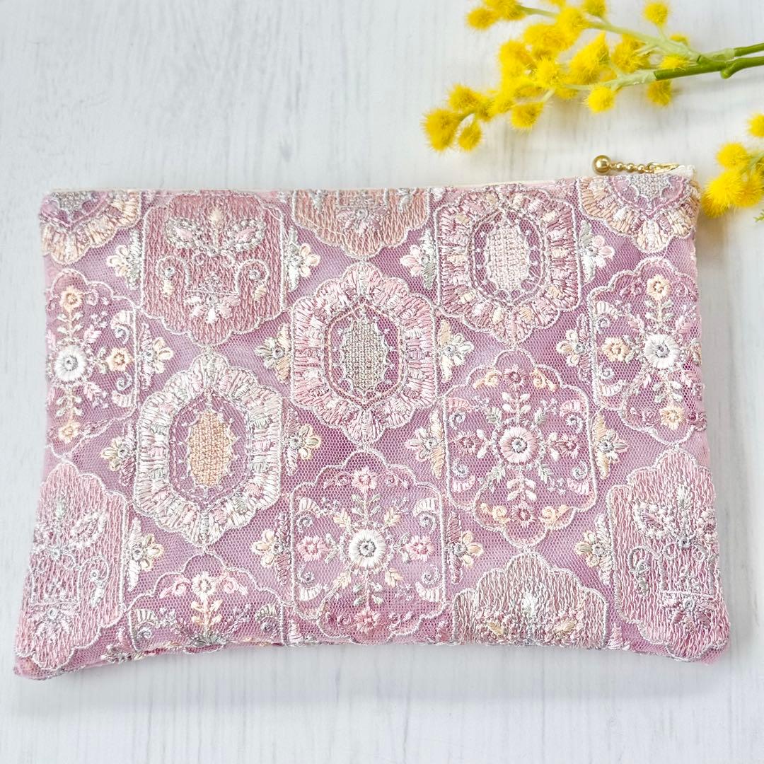 【再販♡】チュールインド刺繍　春の大人きれいポーチ（20㎝ファスナー）
