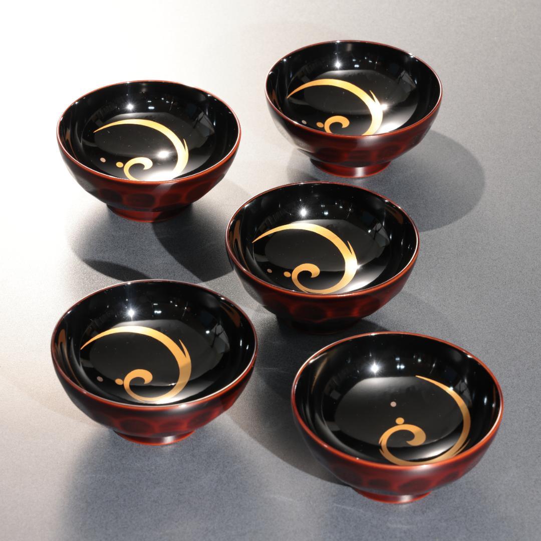 輪島塗　吸物椀５客　渦文　共箱　金蒔絵　大向高洲堂　R1589P3