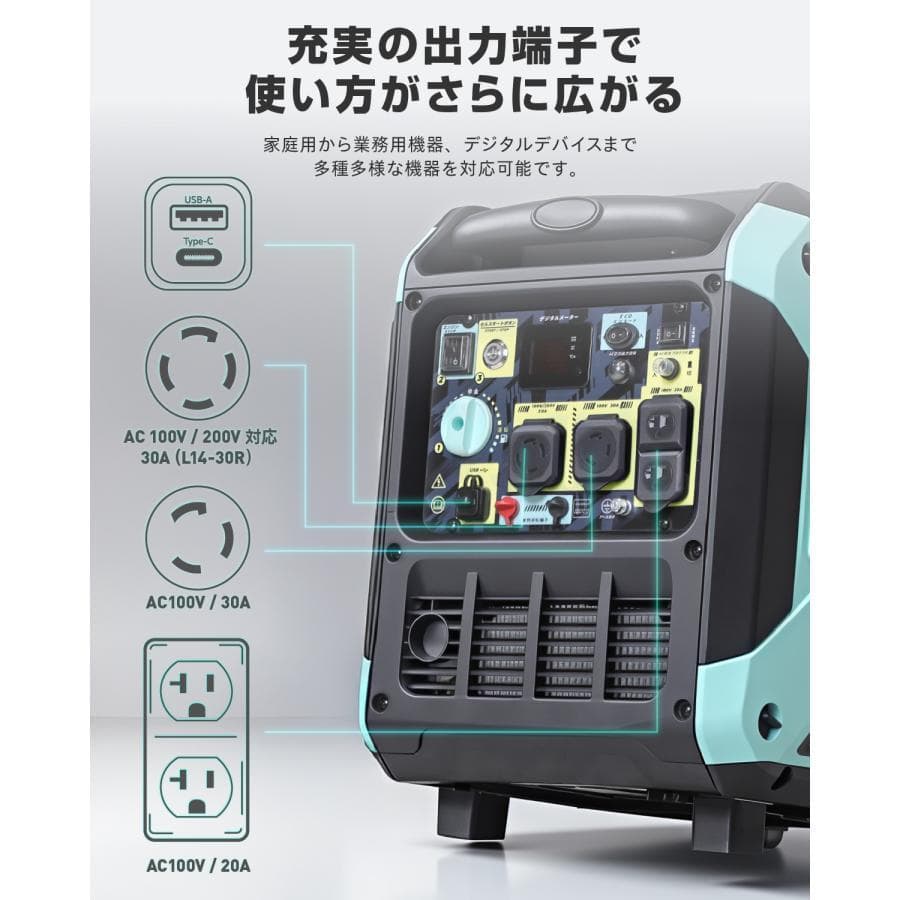 ★静音型インバーター発電機 200V 単相ガソリン 5.2kVA リモコン始動