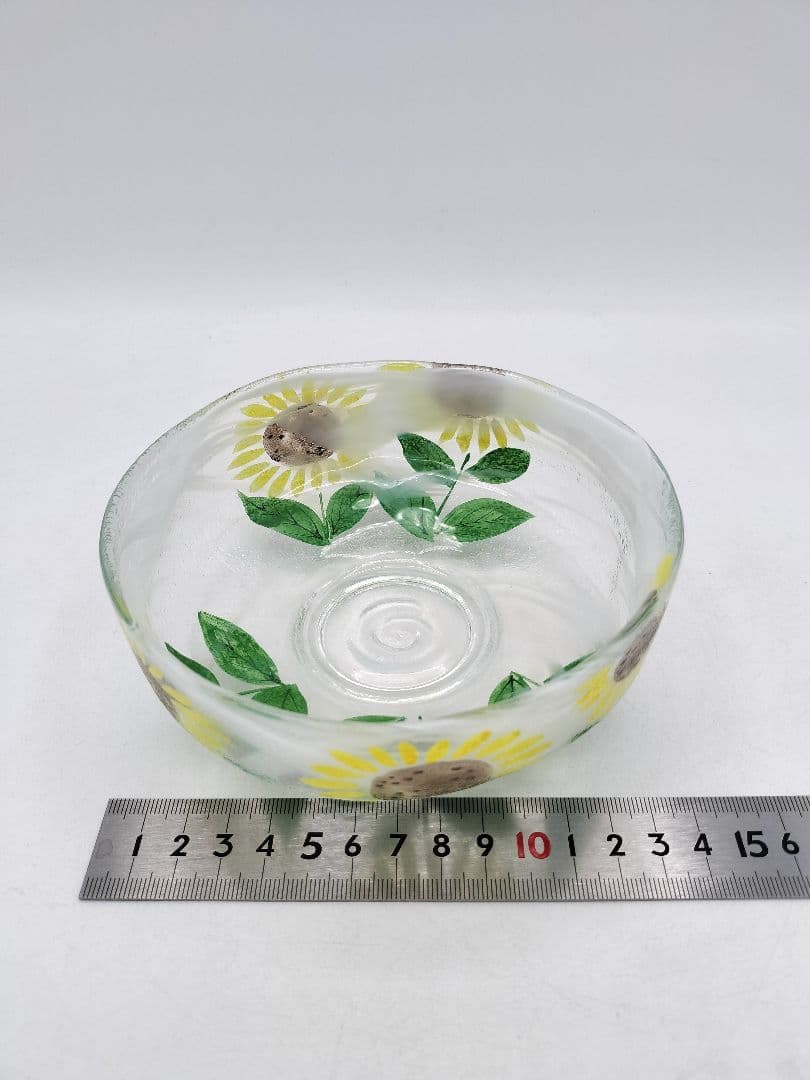 d090【新品・未使用】茶碗 ガラス 馬盥 ひまわり 八木海峰 紙箱 茶道具