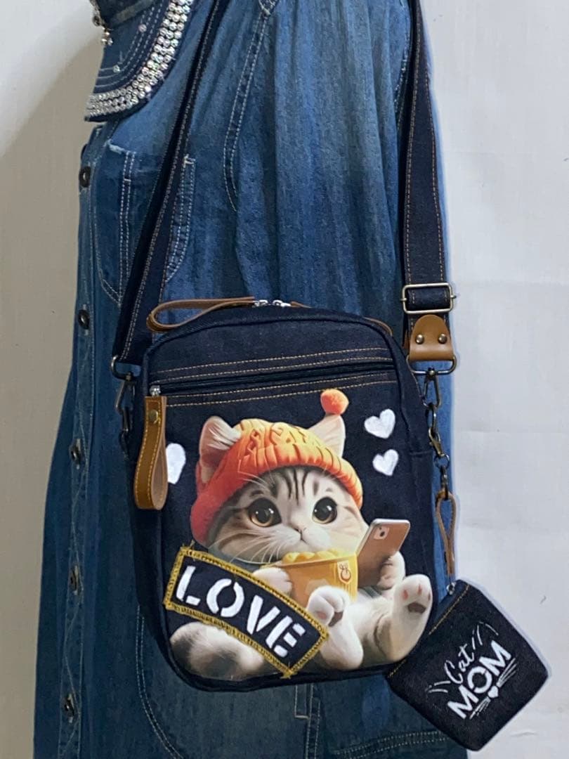 ハンドメイド☆岡山デニム♪ステンシル☆トラネコ☆♪スマホ猫☆ショルダーバッグ