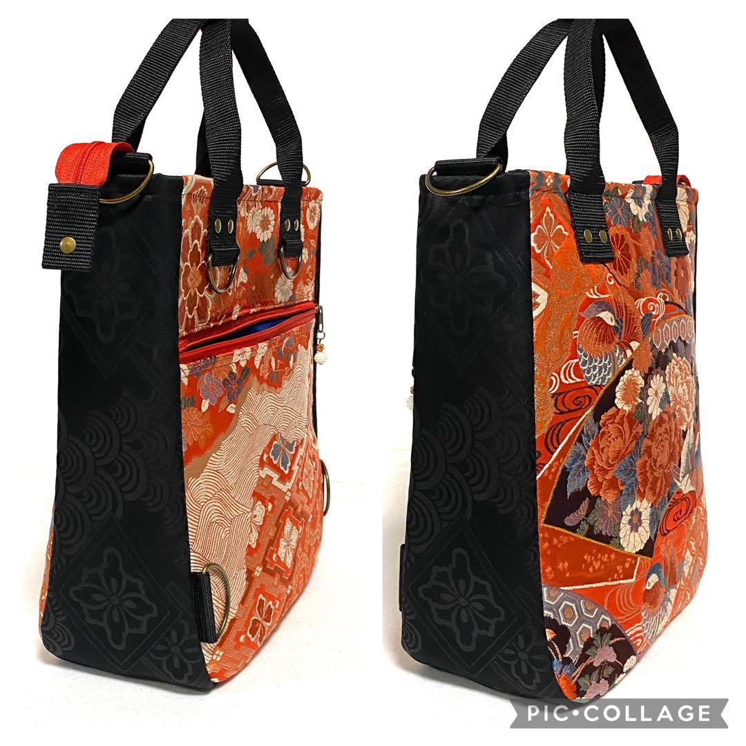 396 帯リメイク　鴛鴦（ おしどり ）と牡丹の豪華なBOX型3wayバッグ