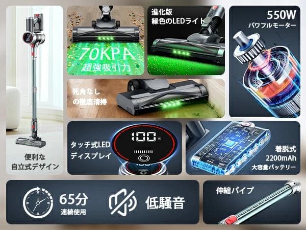 コードレス掃除機 70Kpa超強力 自立式 サイクロン式 LEDライト付き