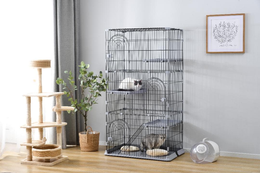 【グレー】猫 ケージ キャットケージ 3段 猫ゲージ 多段 留守番 脱走防止